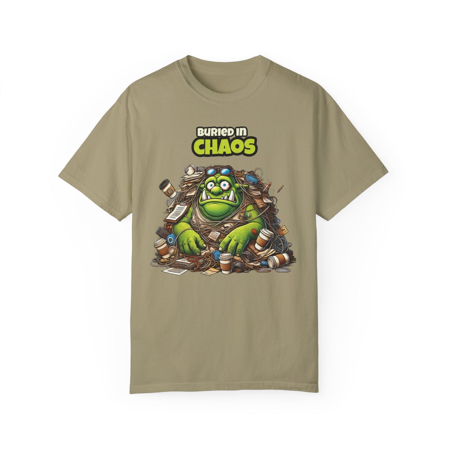 Funny Ogre T Shirt Buried in Chaos Graphic Tee for Office Workers or Students Cartoon Style Oversized Fit Unisex Gift Idea