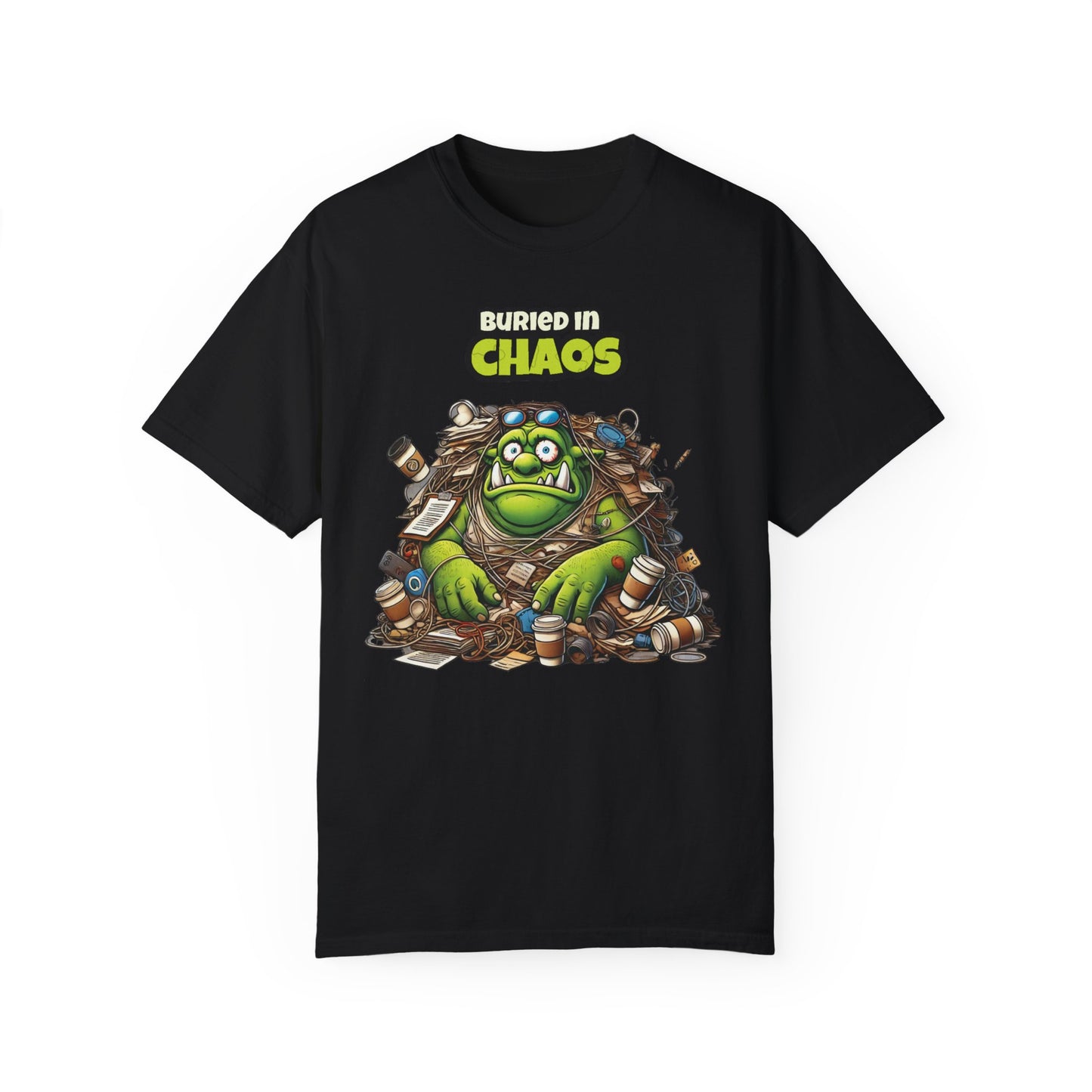 Funny Ogre T Shirt Buried in Chaos Graphic Tee for Office Workers or Students Cartoon Style Oversized Fit Unisex Gift Idea