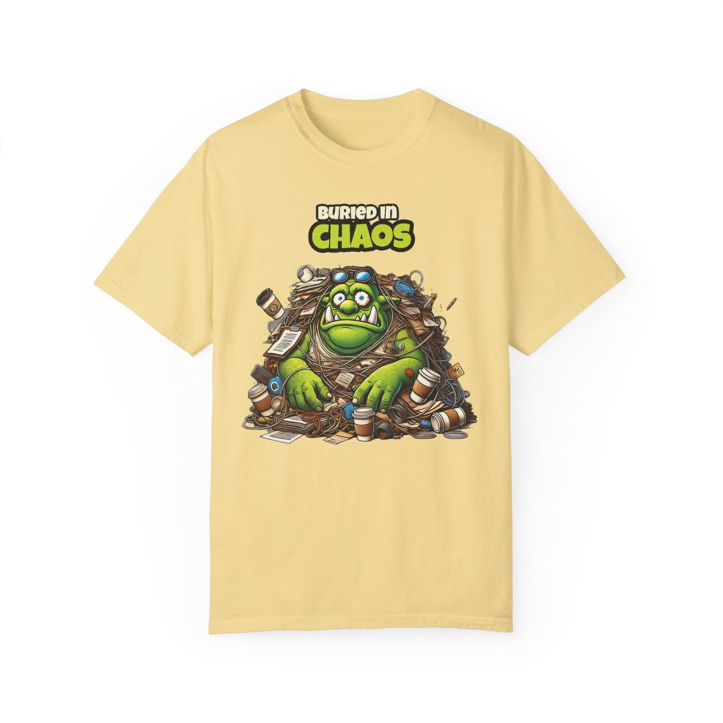 Funny Ogre T Shirt Buried in Chaos Graphic Tee for Office Workers or Students Cartoon Style Oversized Fit Unisex Gift Idea