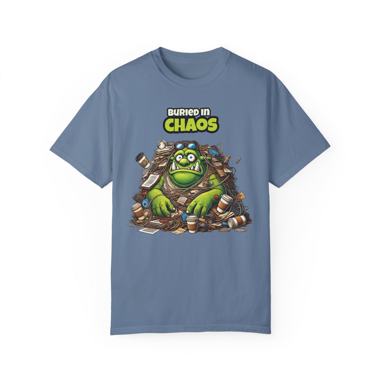 Funny Ogre T Shirt Buried in Chaos Graphic Tee for Office Workers or Students Cartoon Style Oversized Fit Unisex Gift Idea