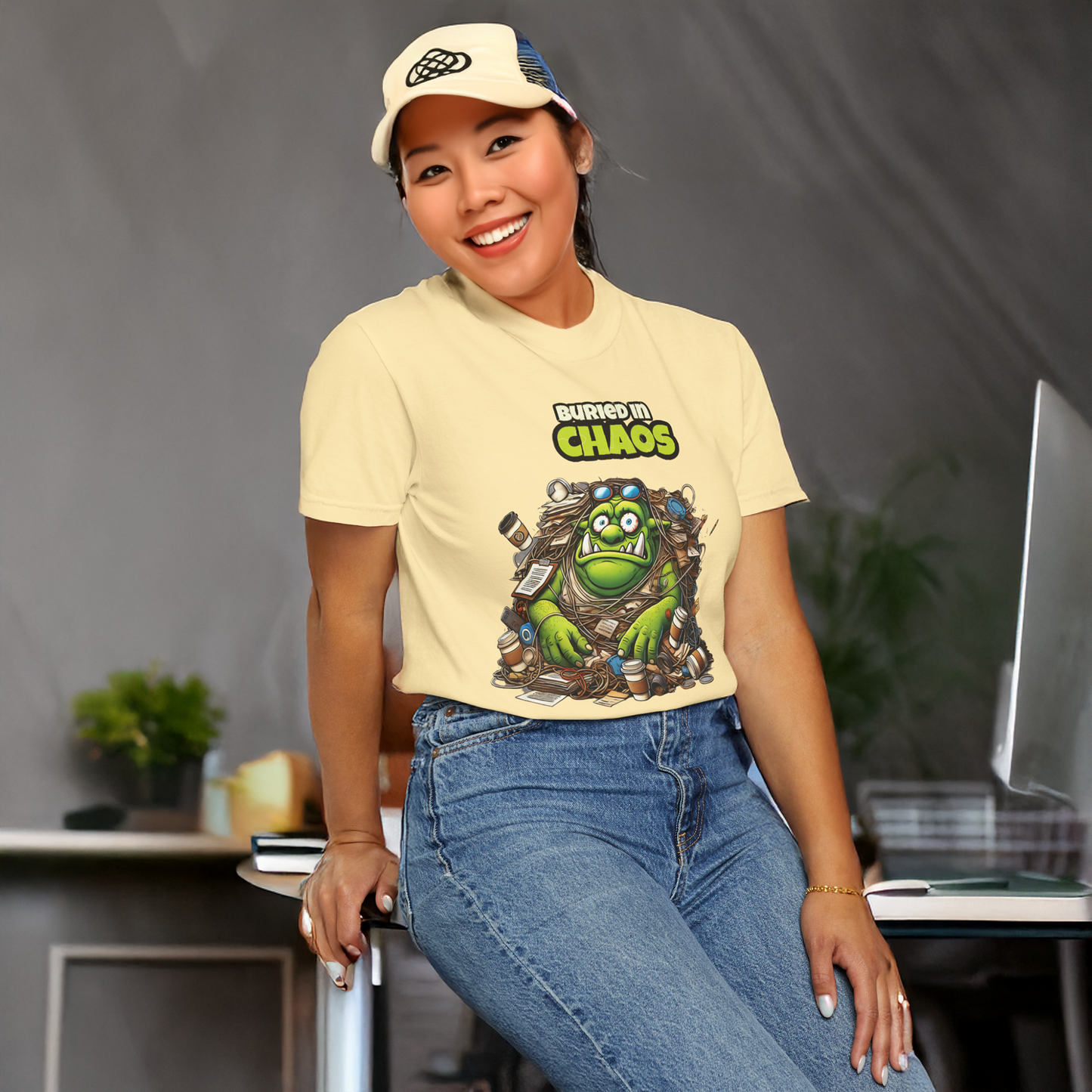 Funny Ogre T Shirt Buried in Chaos Graphic Tee for Office Workers or Students Cartoon Style Oversized Fit Unisex Gift Idea