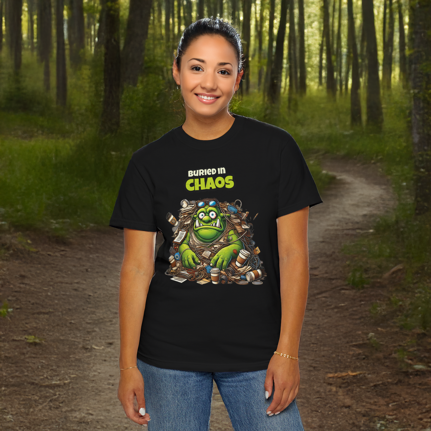 Funny Ogre T Shirt Buried in Chaos Graphic Tee for Office Workers or Students Cartoon Style Oversized Fit Unisex Gift Idea