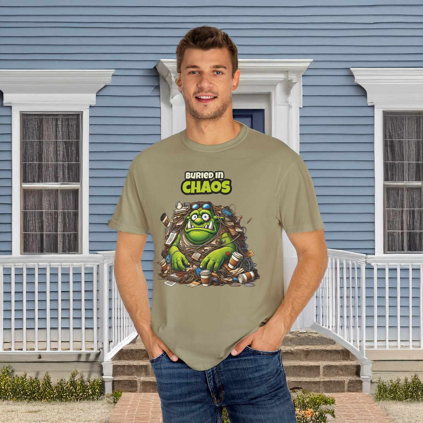 Funny Ogre T Shirt Buried in Chaos Graphic Tee for Office Workers or Students Cartoon Style Oversized Fit Unisex Gift Idea