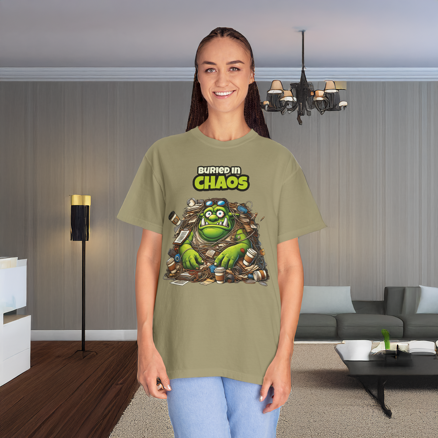 Funny Ogre T Shirt Buried in Chaos Graphic Tee for Office Workers or Students Cartoon Style Oversized Fit Unisex Gift Idea