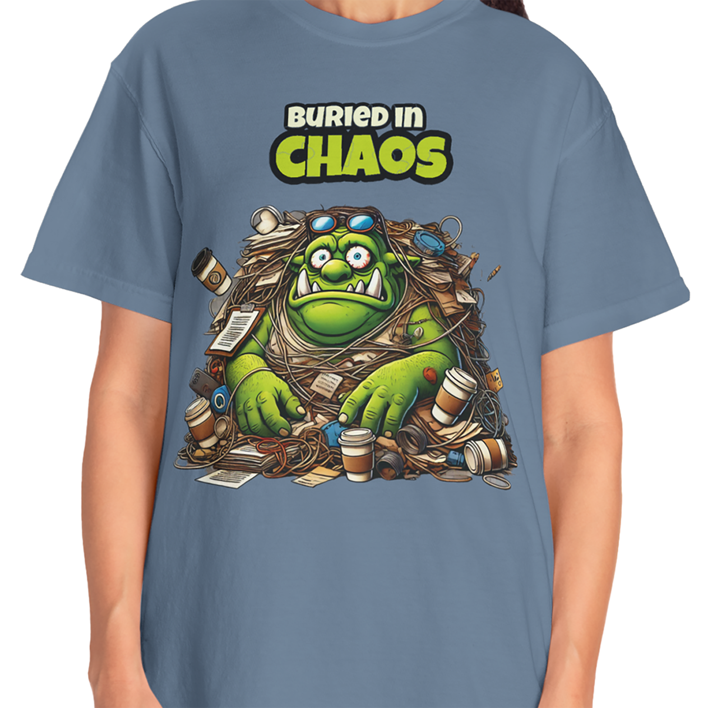 Funny Ogre T Shirt Buried in Chaos Graphic Tee for Office Workers or Students Cartoon Style Oversized Fit Unisex Gift Idea