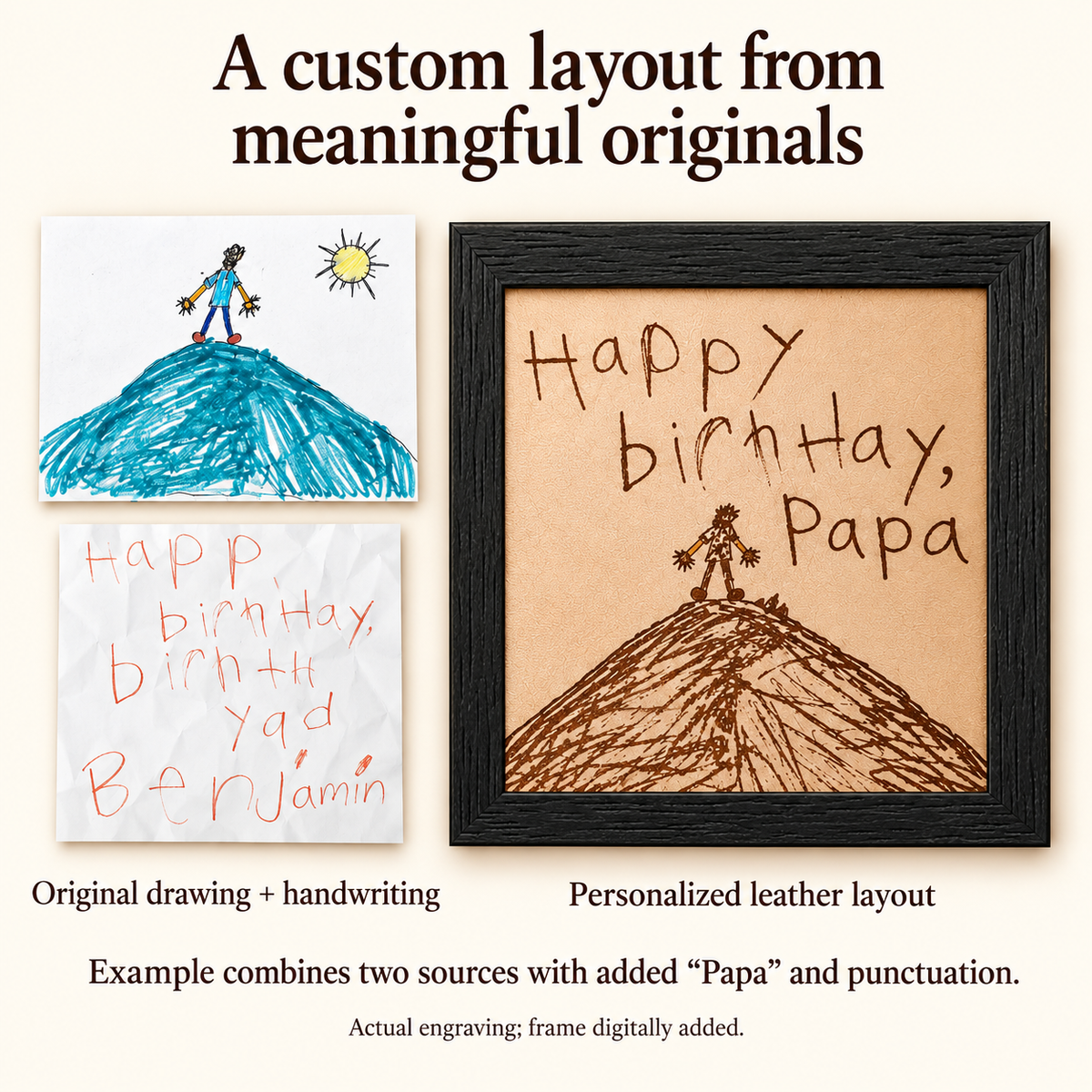 Personalized Framed Leather Keepsake – Your Handwriting or Drawing